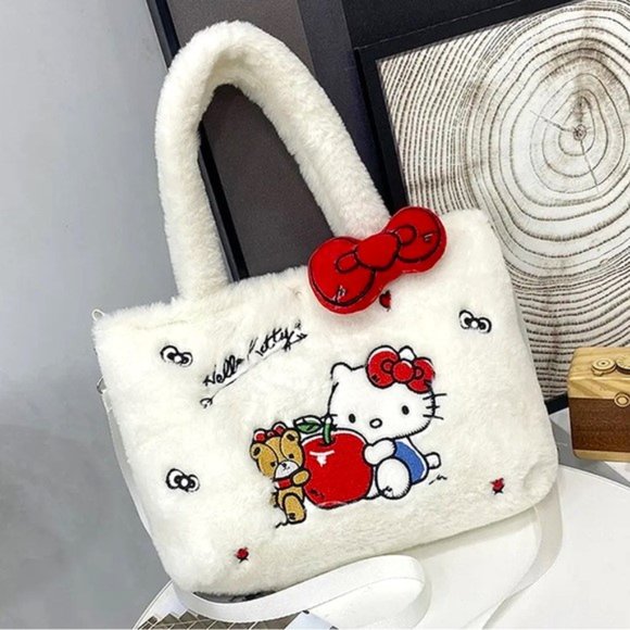 Purse Hello Kitty Embroidered Plush Sanrio Fur Fuzzy Crossbody Bag Kawaii Bow - Picture 2 of 5